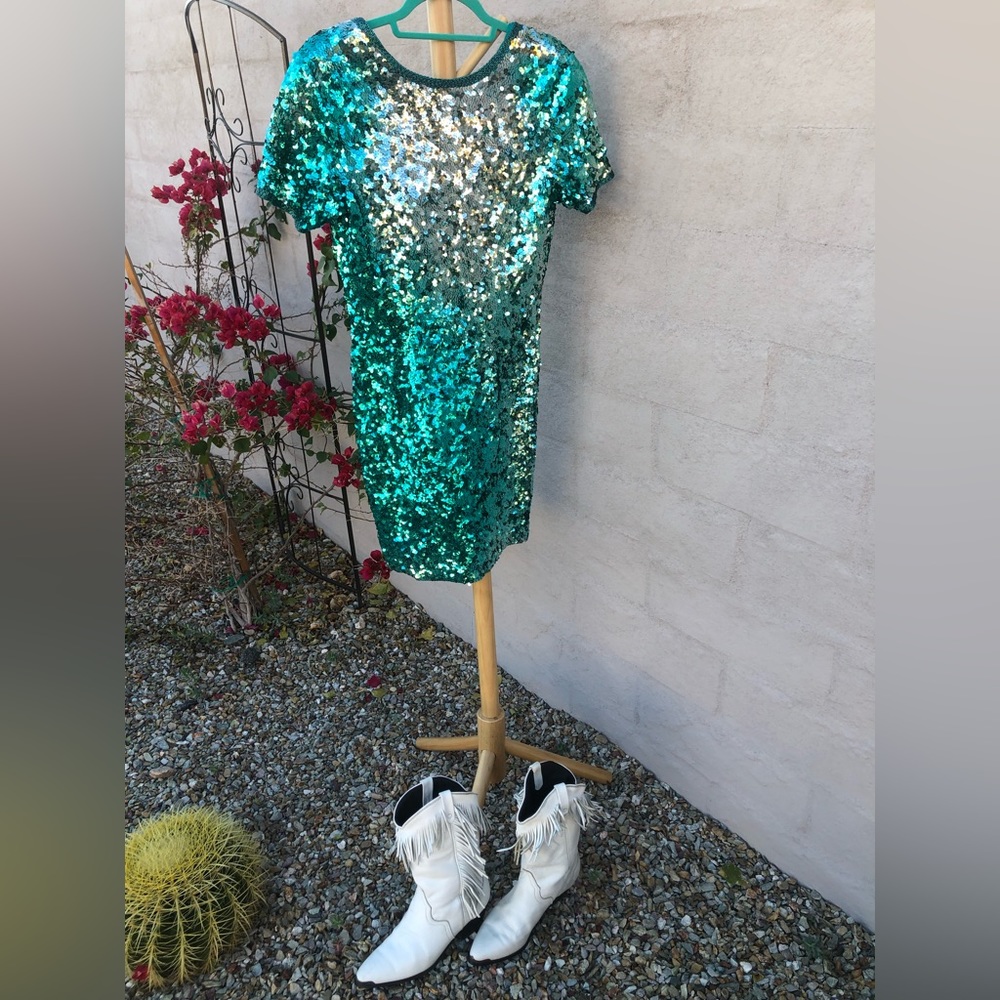 Vintage mini teal silver ombré beaded and sequin mini dress - Picture 3 of 14